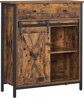 VASAGLE Storage Cabinet, Sideboard and Tv Cabinet, Freestanding Floor Cabinet with 1 Drawer and Sliding Barn Door Industrial Rustic Brown and Black LSC100B01