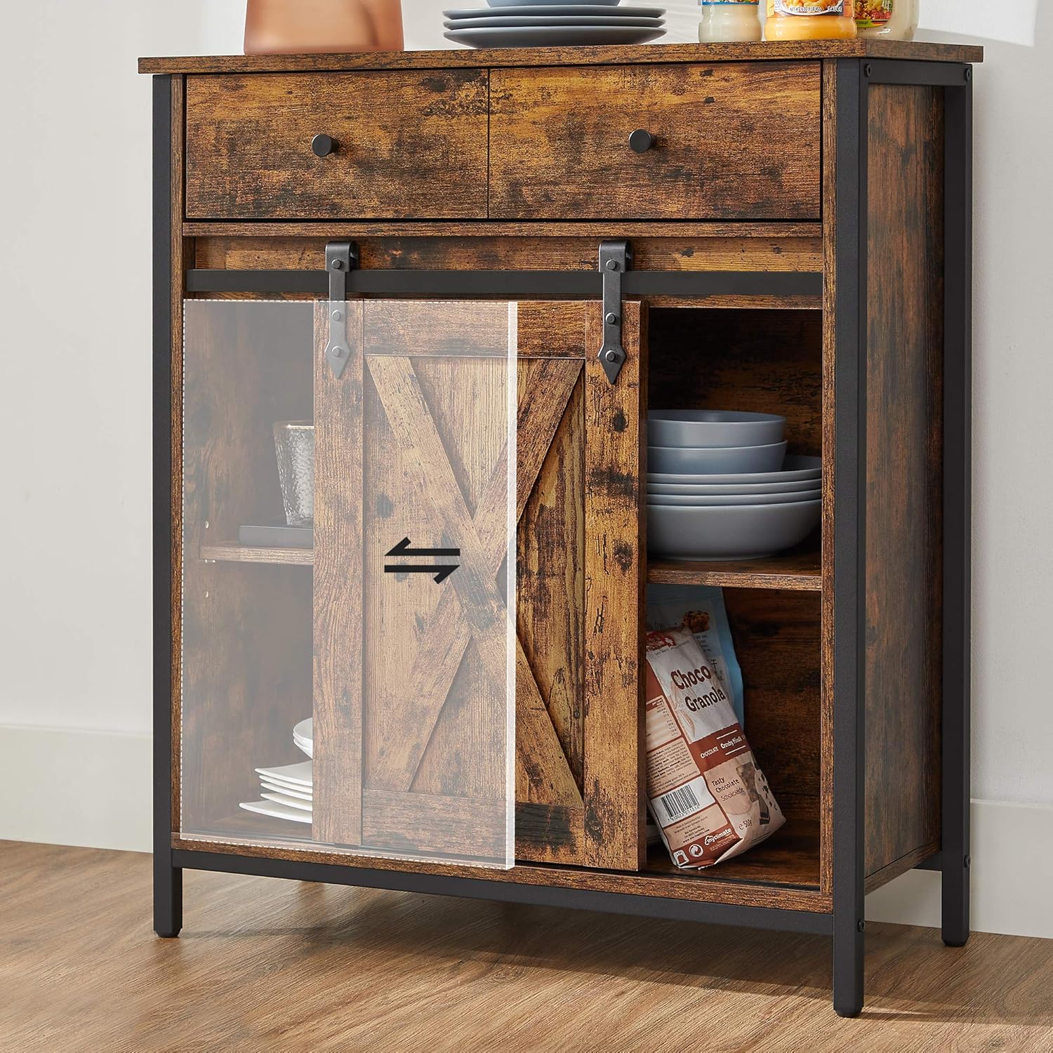 VASAGLE Storage Cabinet, Sideboard and Tv Cabinet, Freestanding Floor Cabinet with 1 Drawer and Sliding Barn Door Industrial Rustic Brown and Black LSC100B01-3