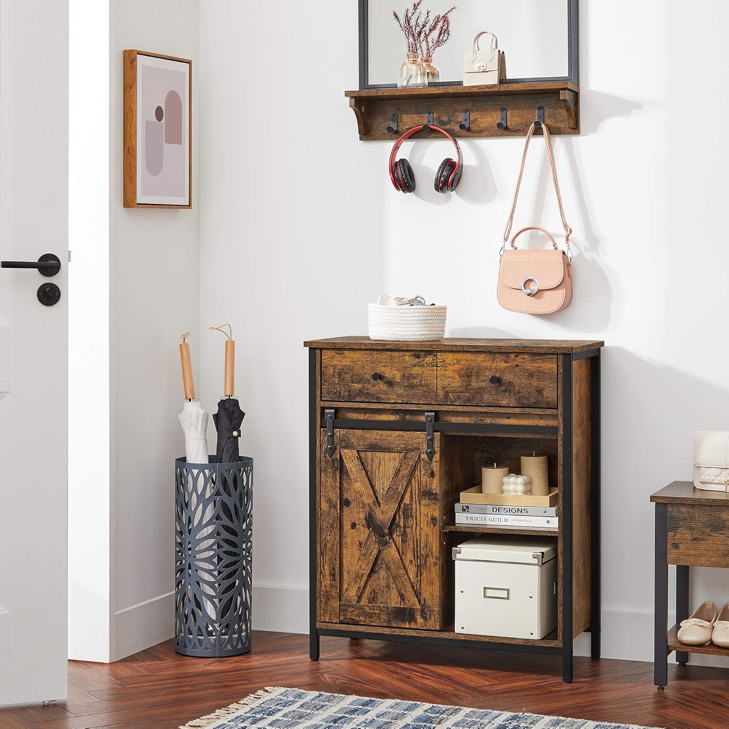 VASAGLE Storage Cabinet, Sideboard and Tv Cabinet, Freestanding Floor Cabinet with 1 Drawer and Sliding Barn Door Industrial Rustic Brown and Black LSC100B01-5