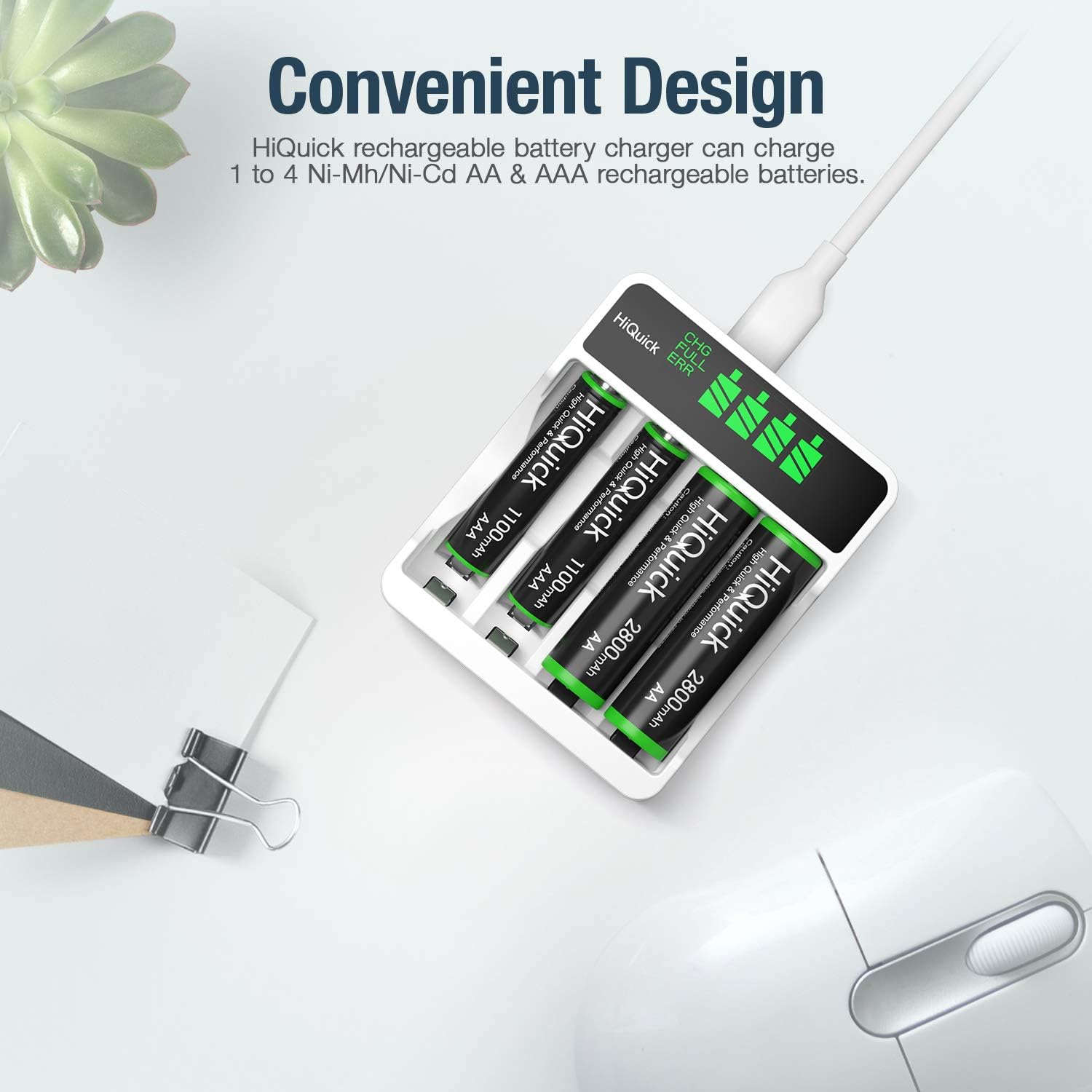 HiQuick 8 x 2800mAh AA NI-MH Rechargeable Batteries with 4-slot AA AAA LCD Battery Charger, Fast Charging Function, Type C and Micro USB Input, Battery and Charger Set-1