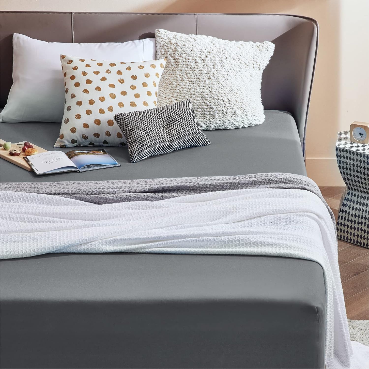 Bedsure Double Fitted Sheet Deep - Bed Sheets Extra Deep Pocket 16 inch (40 cm) made of Soft Brushed Polyester Microfiber Material for Double Bed, Dark Grey, 135x190cm-1