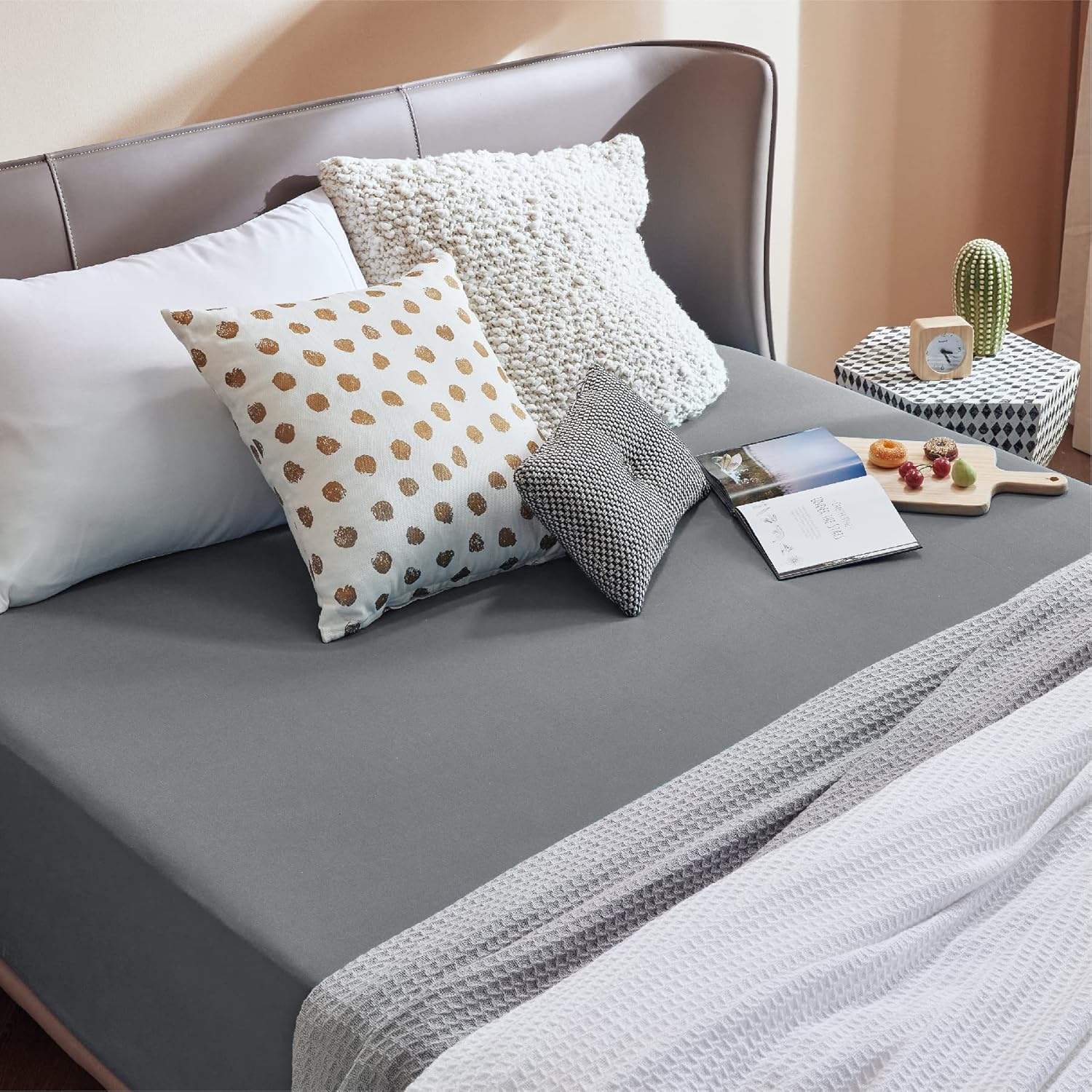 Bedsure Double Fitted Sheet Deep - Bed Sheets Extra Deep Pocket 16 inch (40 cm) made of Soft Brushed Polyester Microfiber Material for Double Bed, Dark Grey, 135x190cm-6