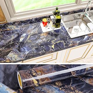 VEELIKE Navy Blue Marble Wallpaper Self-adhesive 40cm x 300cm Sticky Back Plastic Waterproof for Kitchen Countertop Bathroom Living Room Removable Contact Paper Worktop Vinyl Covering