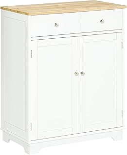 HOMCOM Kitchen Floor Cabinet Side Storage Cupboard Multi-use Sideboard Table with Solid Wood Top, Adjustable Shelf,Drawer for Dining Room, Living Room,Hallway