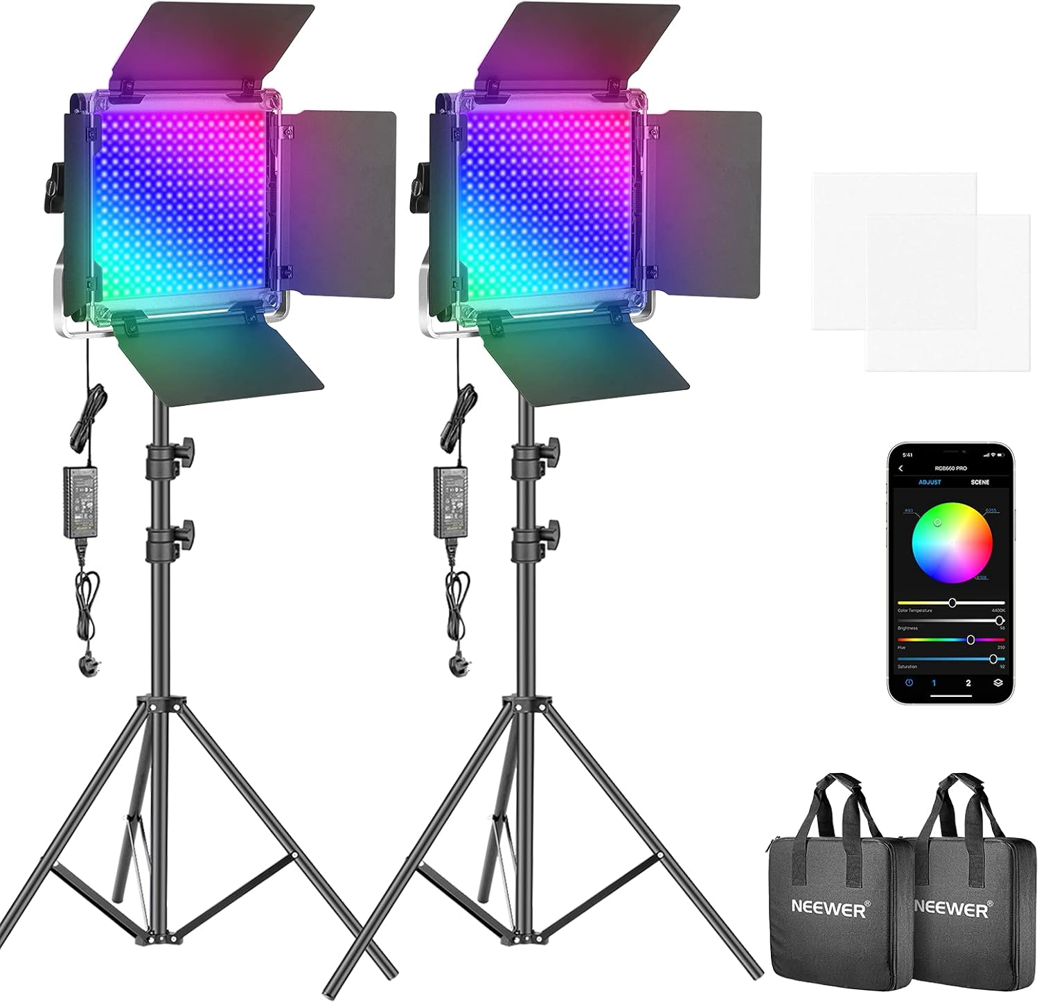 Neewer 2 Packs 660 PRO RGB LED Video Light with App Control Stand Kit, 360° Full Color, 50W Dimmable Bi-Color 3200K~5600K Video Lighting CRI 97+ for Gaming/Streaming/Zoom/YouTube/Webex/Photography-0