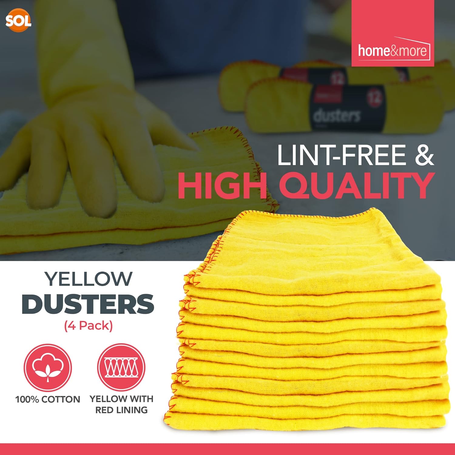 SOL 4pk Yellow Dusters, 100% Cotton Cleaning Cloths, 50 x 40cm Lint Free Cloths for Oiling Wood, Dusters for Cleaning Window, Car Duster, Multi Surface Cleaner Dusting Cloth, Kitchen Duster Cloth-3