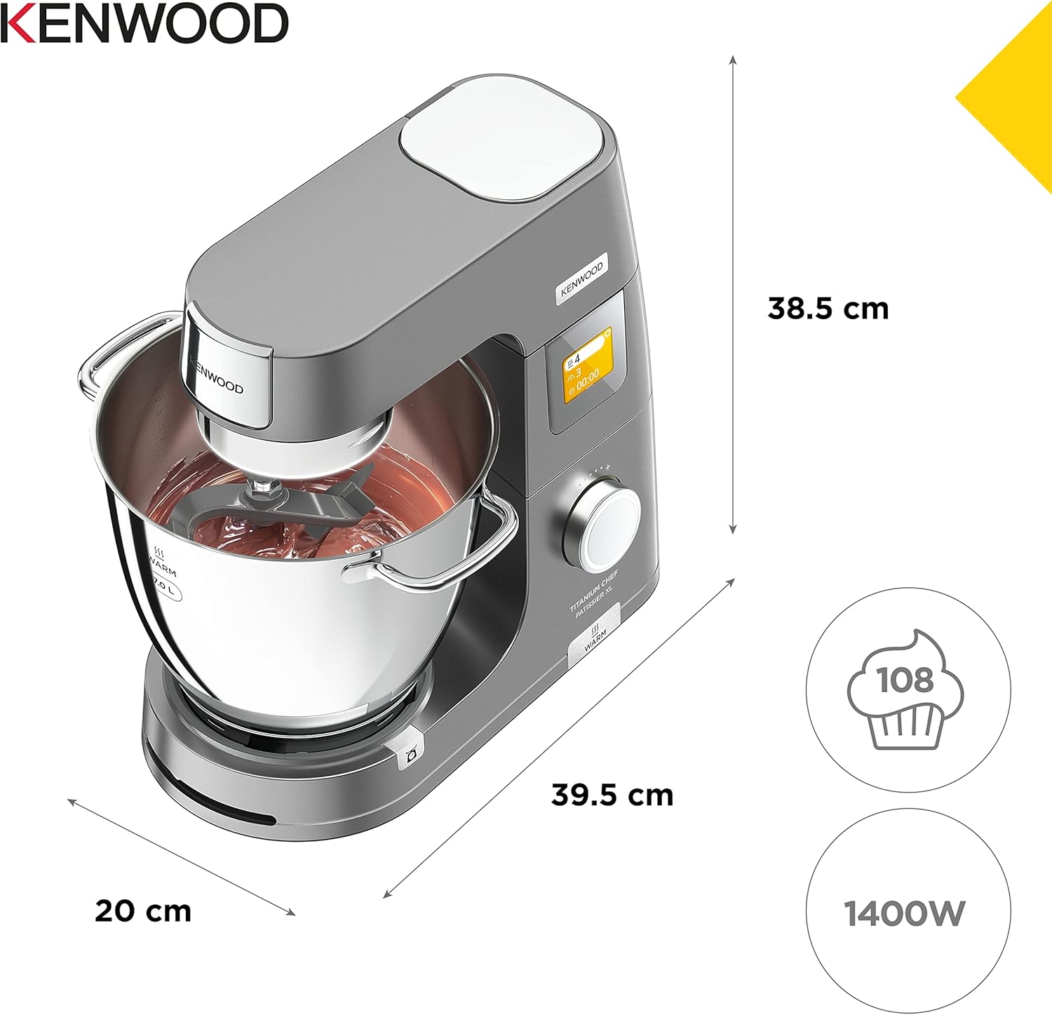 Kenwood Titanium Chef Patissier XL Stand Mixer for Baking- Powerful Food Mixer, With K-Beater, Dough Hook, Whisk, and 2 Bowls 5L and 7L, KWL90.004SI, 1400W, Silver-4