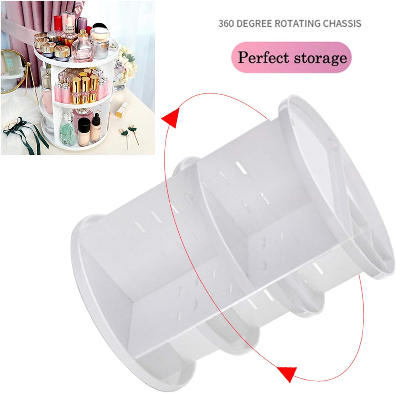 BTGGG Rotating 360 Degree Makeup Organiser Height Adjustable Multi-Function Storage Box Spinning Cosmetic Tray for Makeup and Accessories Display with Removable Shelves, White-1