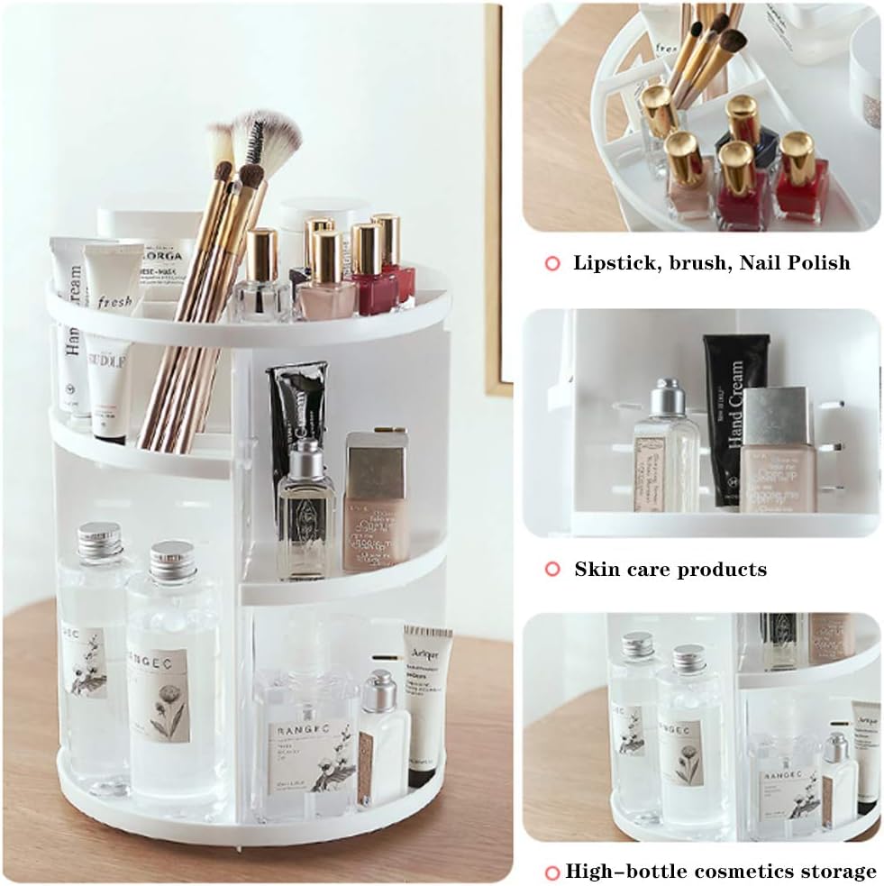 BTGGG Rotating 360 Degree Makeup Organiser Height Adjustable Multi-Function Storage Box Spinning Cosmetic Tray for Makeup and Accessories Display with Removable Shelves, White-3