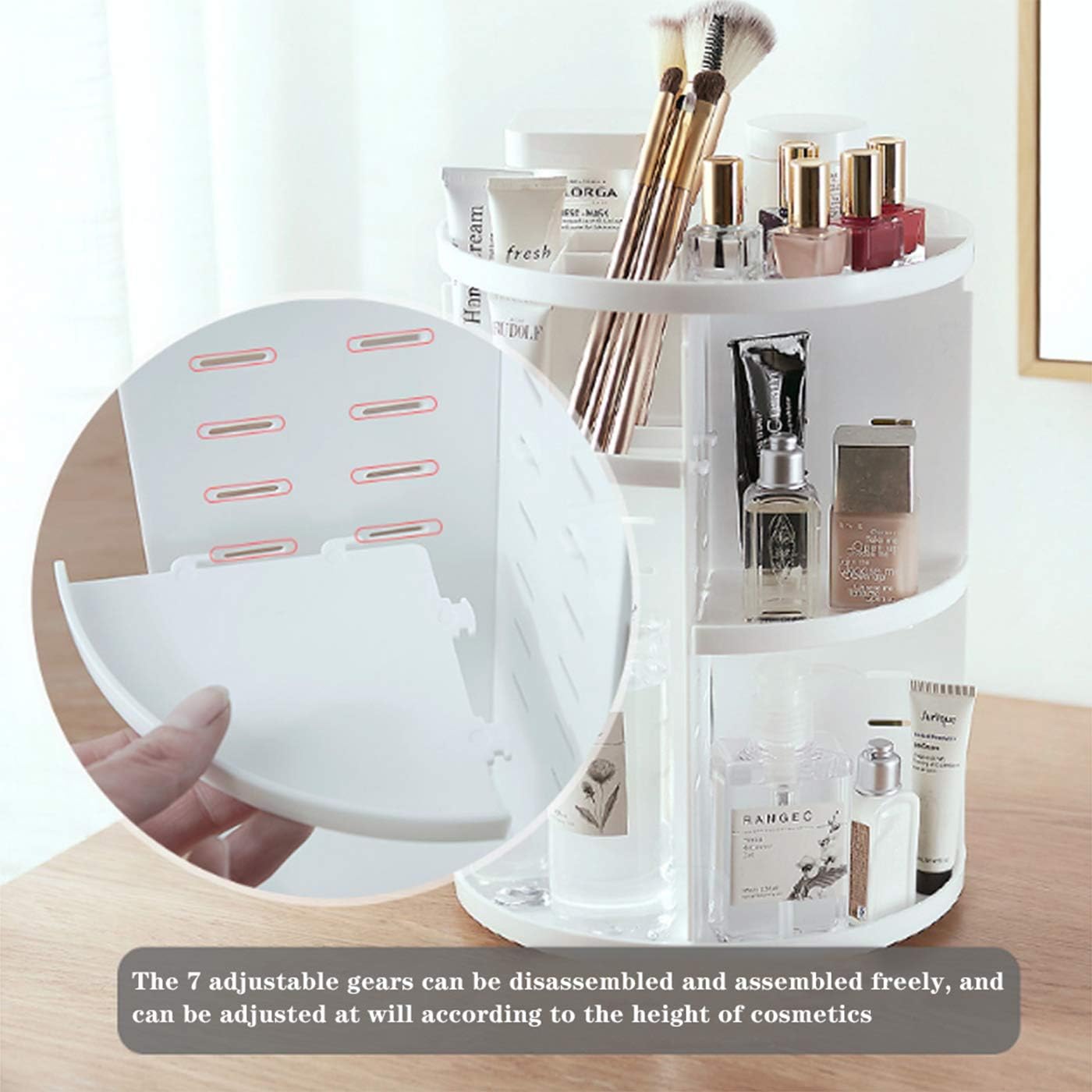 BTGGG Rotating 360 Degree Makeup Organiser Height Adjustable Multi-Function Storage Box Spinning Cosmetic Tray for Makeup and Accessories Display with Removable Shelves, White-4