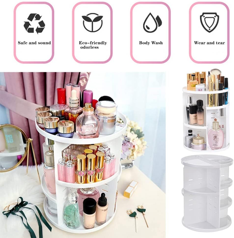 BTGGG Rotating 360 Degree Makeup Organiser Height Adjustable Multi-Function Storage Box Spinning Cosmetic Tray for Makeup and Accessories Display with Removable Shelves, White-7