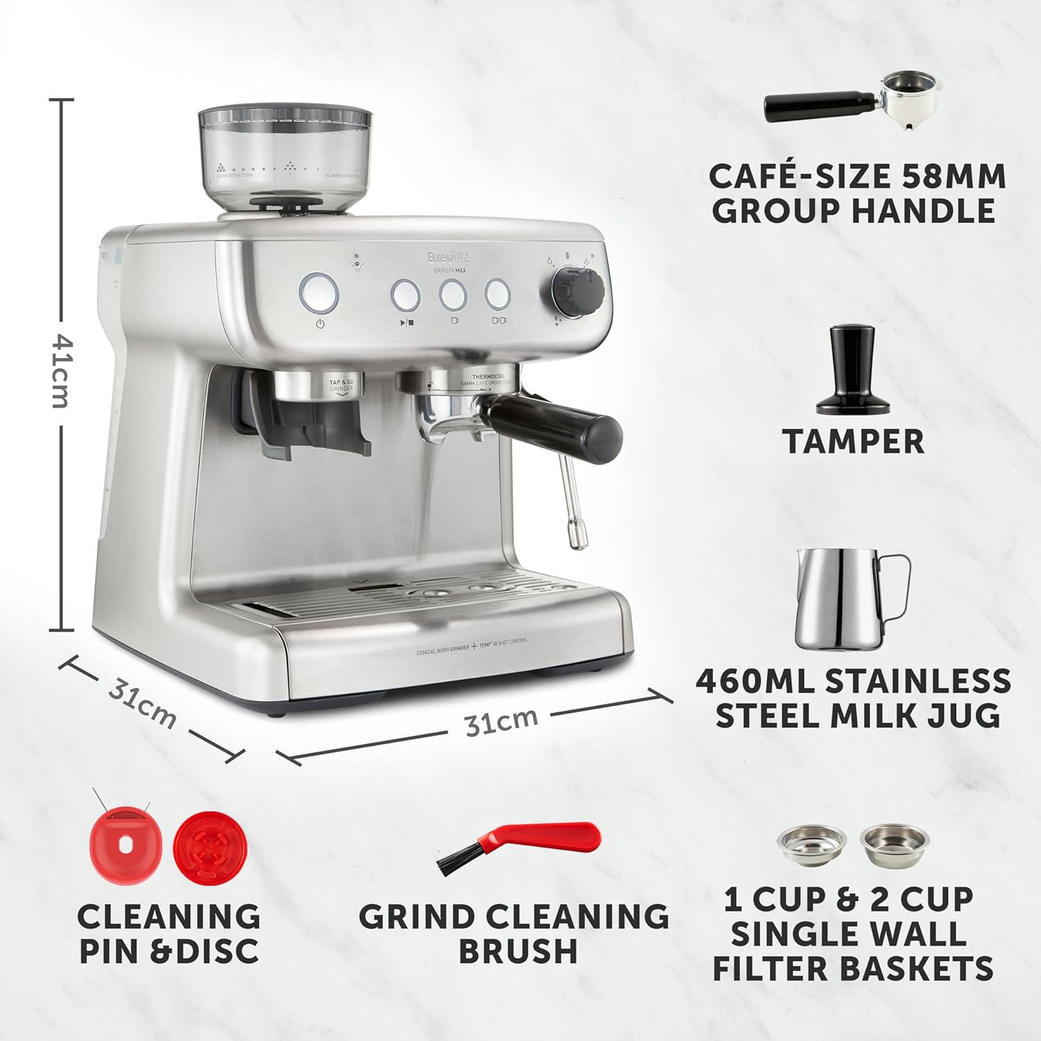 Breville Barista Max Espresso Machine , Latte & Cappuccino Coffee Maker with Integrated Bean Grinder & Steam Wand , 2.8 L Water Tank , 15 Bar Italian Pump , Stainless Steel-5