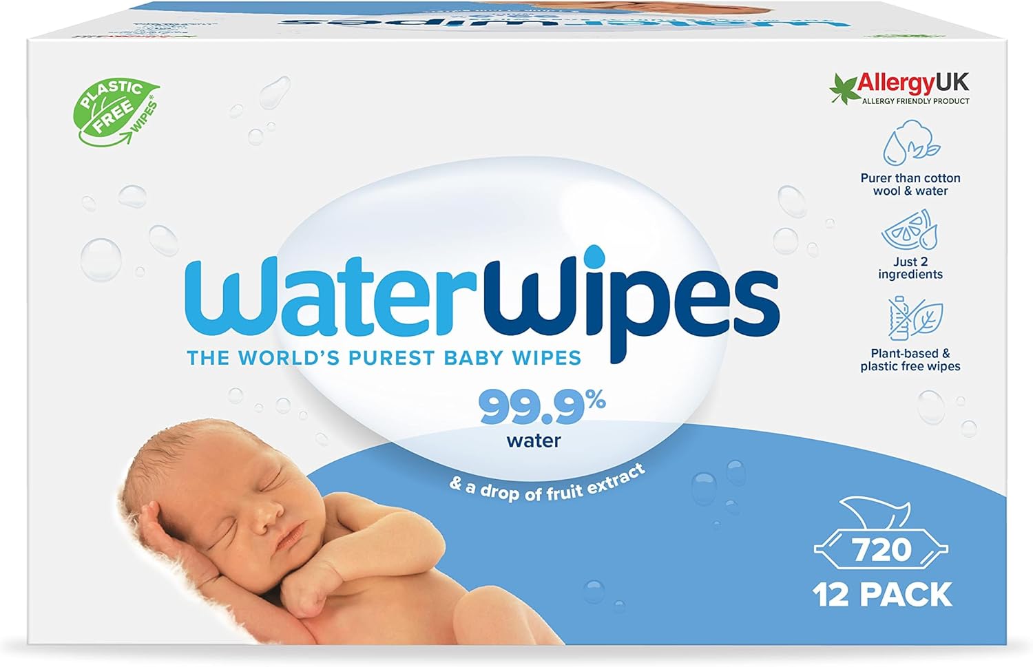 WaterWipes Plastic-Free Original Baby Wipes, 99.9% Water Based Wipes, Unscented for Sensitive Skin, 720 count (Pack of 12)-0