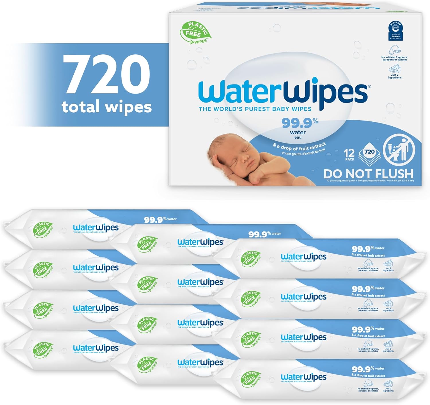 WaterWipes Plastic-Free Original Baby Wipes, 99.9% Water Based Wipes, Unscented for Sensitive Skin, 720 count (Pack of 12)-1