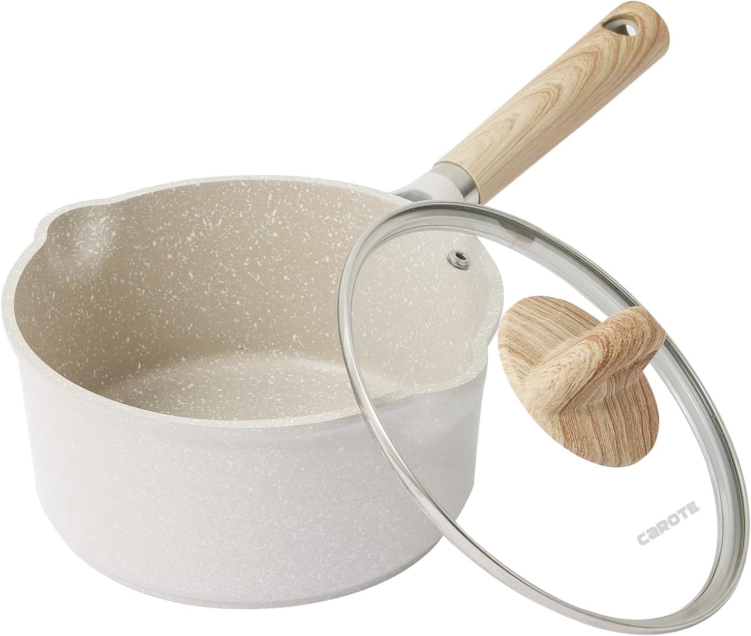 CAROTE Saucepan with Lid 18cm/1.5L, Nonstick Milk Pan for Induction, Gas and Electric Hobs, Small Cooking Pot with Pour Spout (18cm, Beige Granite)-0