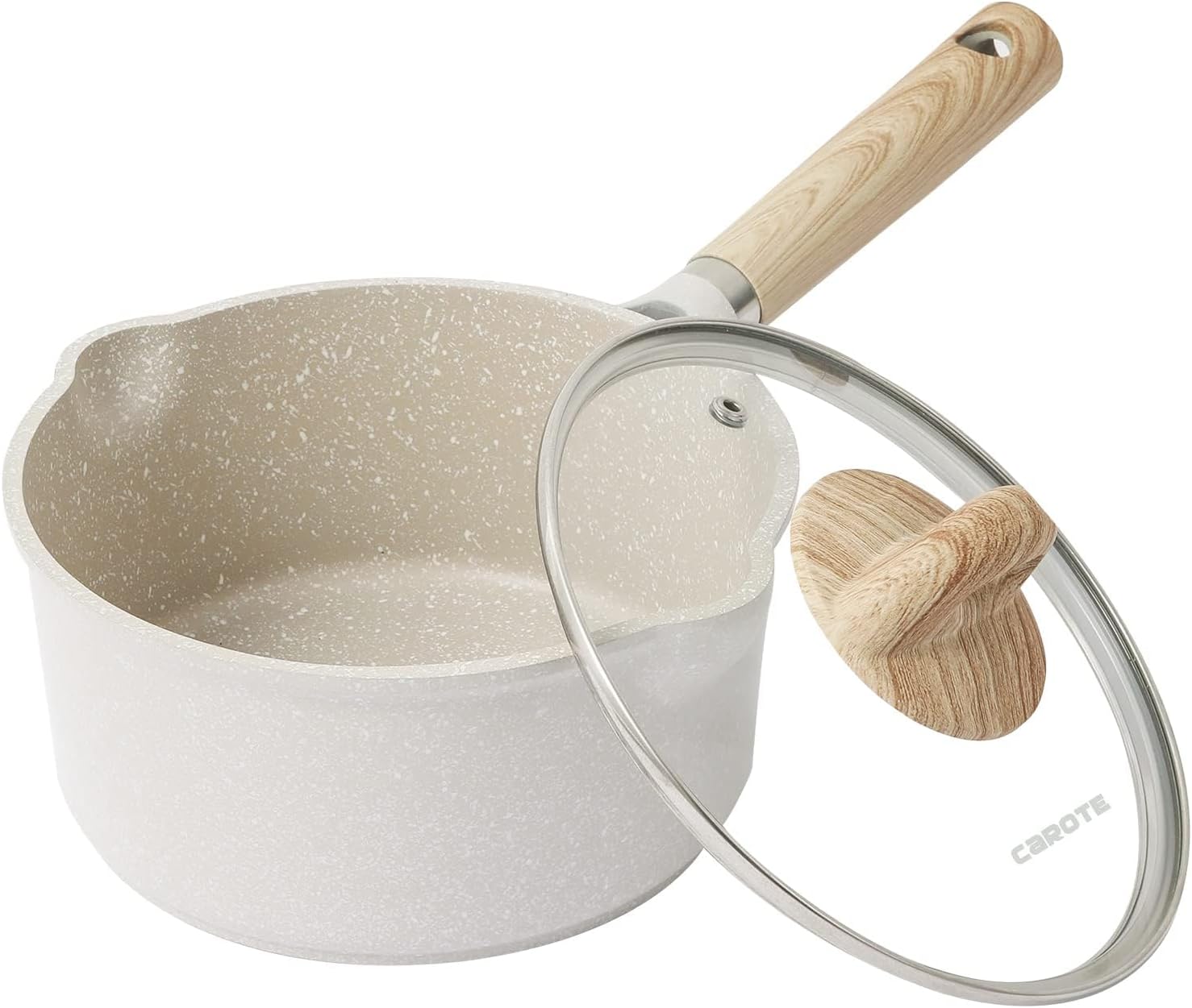 CAROTE Saucepan with Lid 18cm/1.5L, Nonstick Milk Pan for Induction, Gas and Electric Hobs, Small Cooking Pot with Pour Spout (18cm, Beige Granite)-6