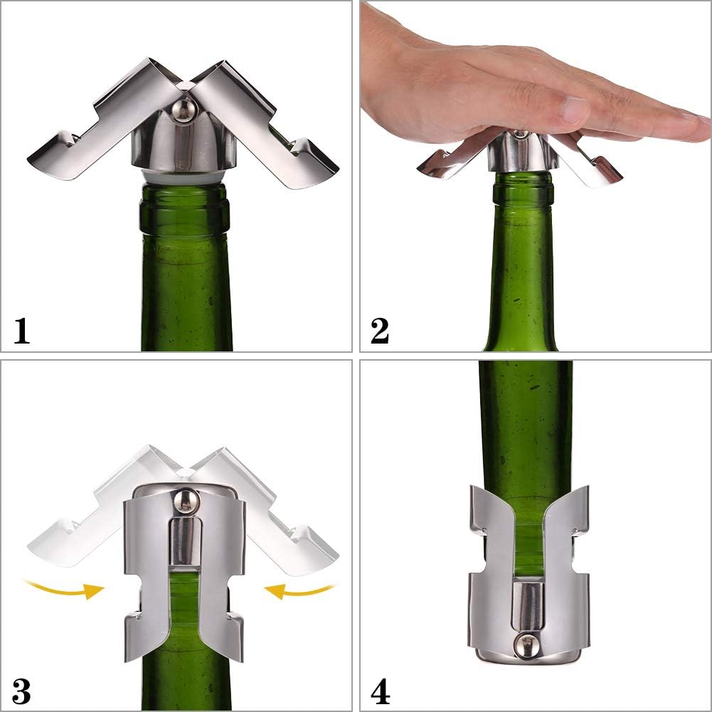 Opopark 4pcs Bottle Stoppers Stainless Steel Champagne Stoppers Wine Bottle Stopper Prosecco Stoppers Reusable Bottle Saver Sealer Wine Stoppers Wine Corks for Wine Champagne Beer Collection-2