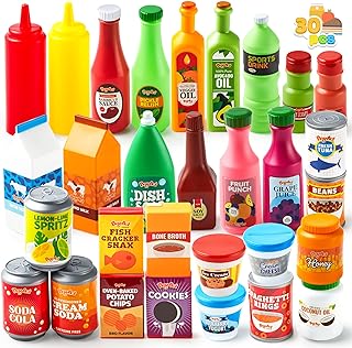 JOYIN 30Pcs Play Food Grocery Cans, Pretend Play Kitchen Accessories, Includes Drink, Juice, Jar, Seasoning, Water Bottle, Sauce, Yogurt, Ice Cream, Snack Box, Kids Gifts & Indoor Toys