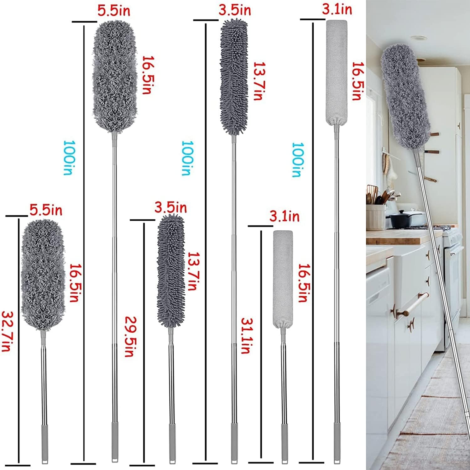 Feather Duster, Dusters for Cleaning Extendable Telescoping Extension Pole 30 to 100 Inches, Long Handled Duster Reusable Bendable Washable Lightweight Dusters for Cleaning Ceiling Fan-7