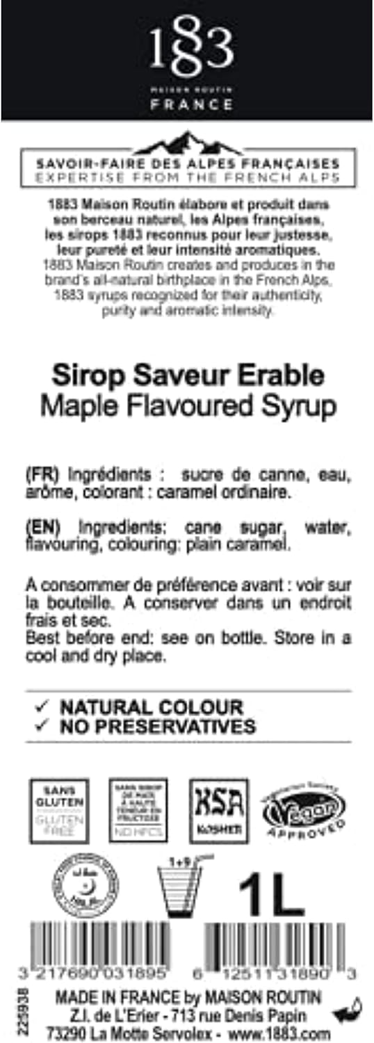 1883 Maison Routin Premium Maple Flavoured Syrup for Iced Tea, Coffee, Cocktails, Mocktails, Milkshakes, Desserts Glass 1L-3