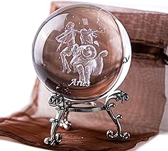 HDCRYSTALGIFTS 3D Laser Constellation Ball Crystal Paperweight Full Sphere Glass Fengshui with Sliver-Plated Flowering Stand(Aries)