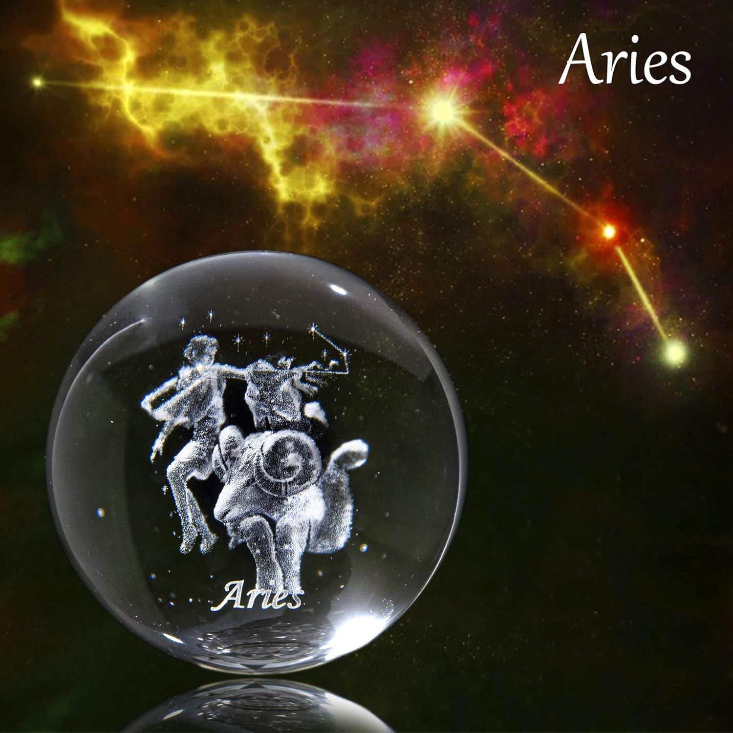 HDCRYSTALGIFTS 3D Laser Constellation Ball Crystal Paperweight Full Sphere Glass Fengshui with Sliver-Plated Flowering Stand(Aries)-3