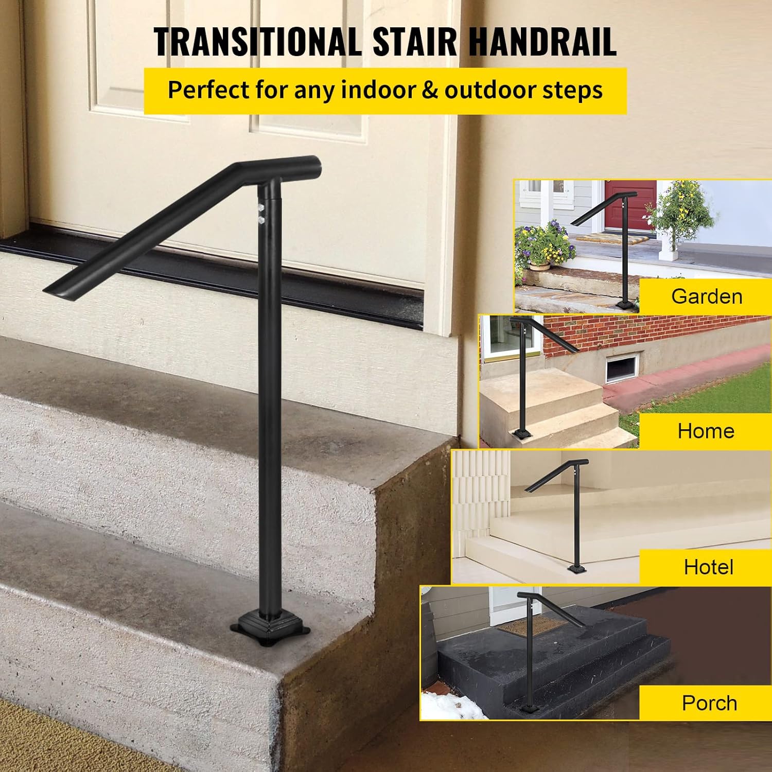 Happybuy 1-3 Step Handrail, Black Steel Railing for Steps 330LBS Capacity Stair Handrail Baking Varnish Metal Handrail for Stairs Stylish Handrails for Outdoor Steps with Expansion Bolts & Drill Bit-1