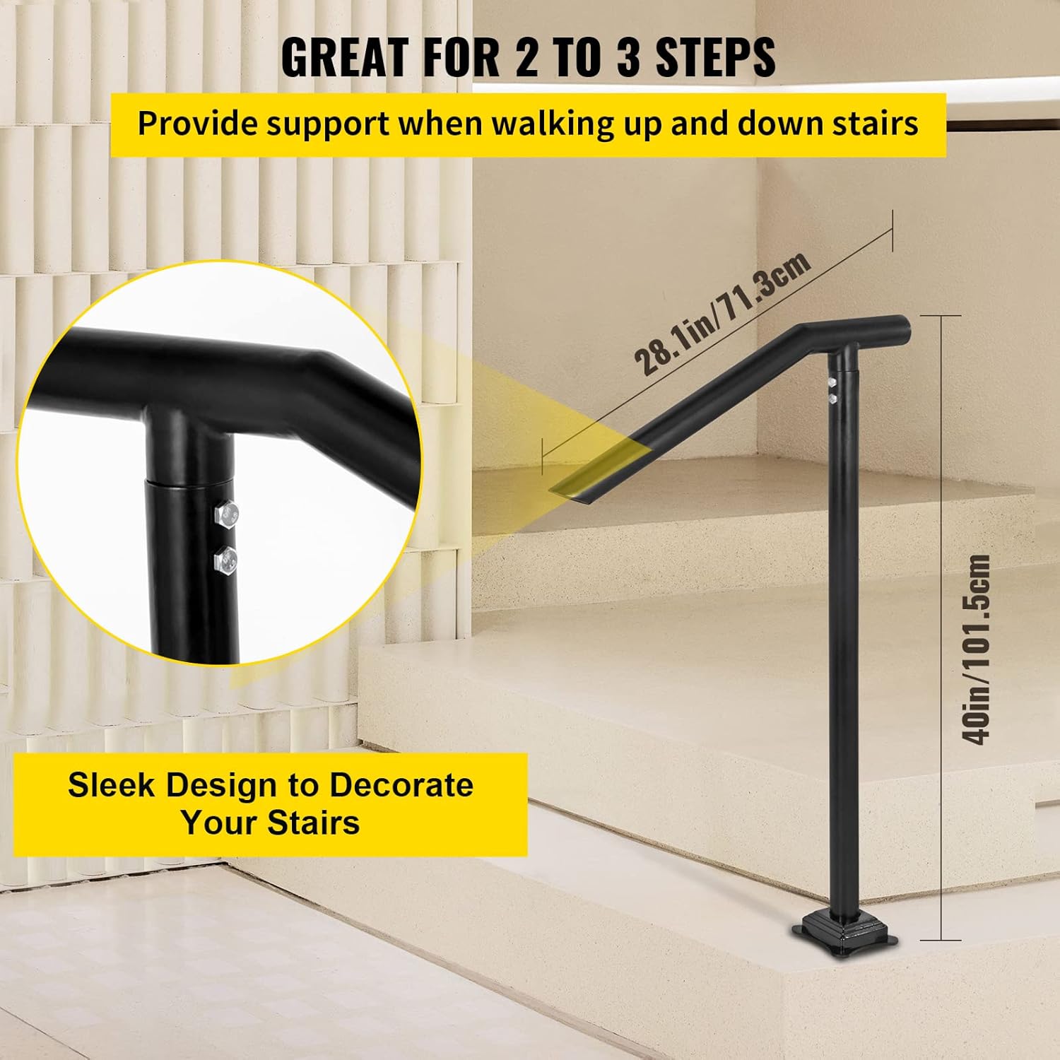 Happybuy 1-3 Step Handrail, Black Steel Railing for Steps 330LBS Capacity Stair Handrail Baking Varnish Metal Handrail for Stairs Stylish Handrails for Outdoor Steps with Expansion Bolts & Drill Bit-2