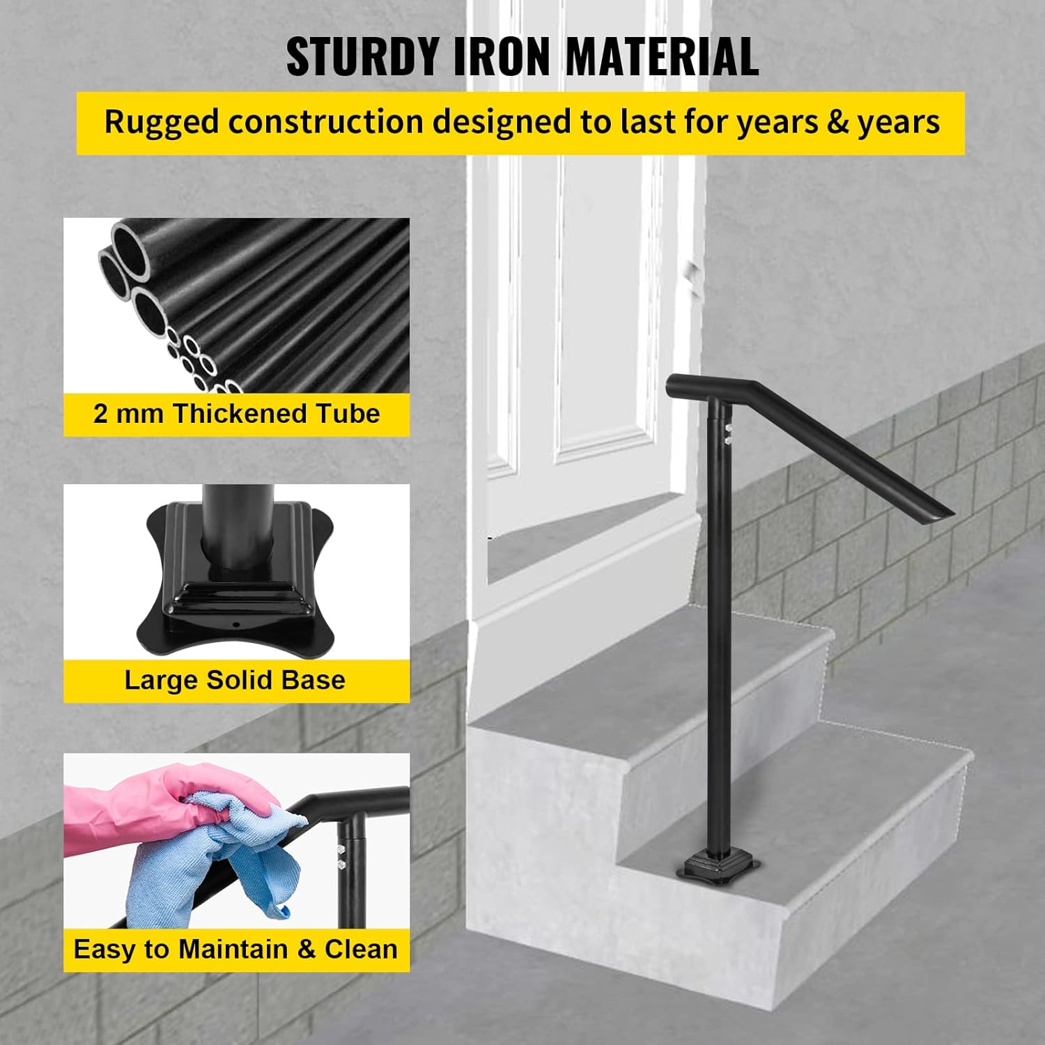 Happybuy 1-3 Step Handrail, Black Steel Railing for Steps 330LBS Capacity Stair Handrail Baking Varnish Metal Handrail for Stairs Stylish Handrails for Outdoor Steps with Expansion Bolts & Drill Bit-4