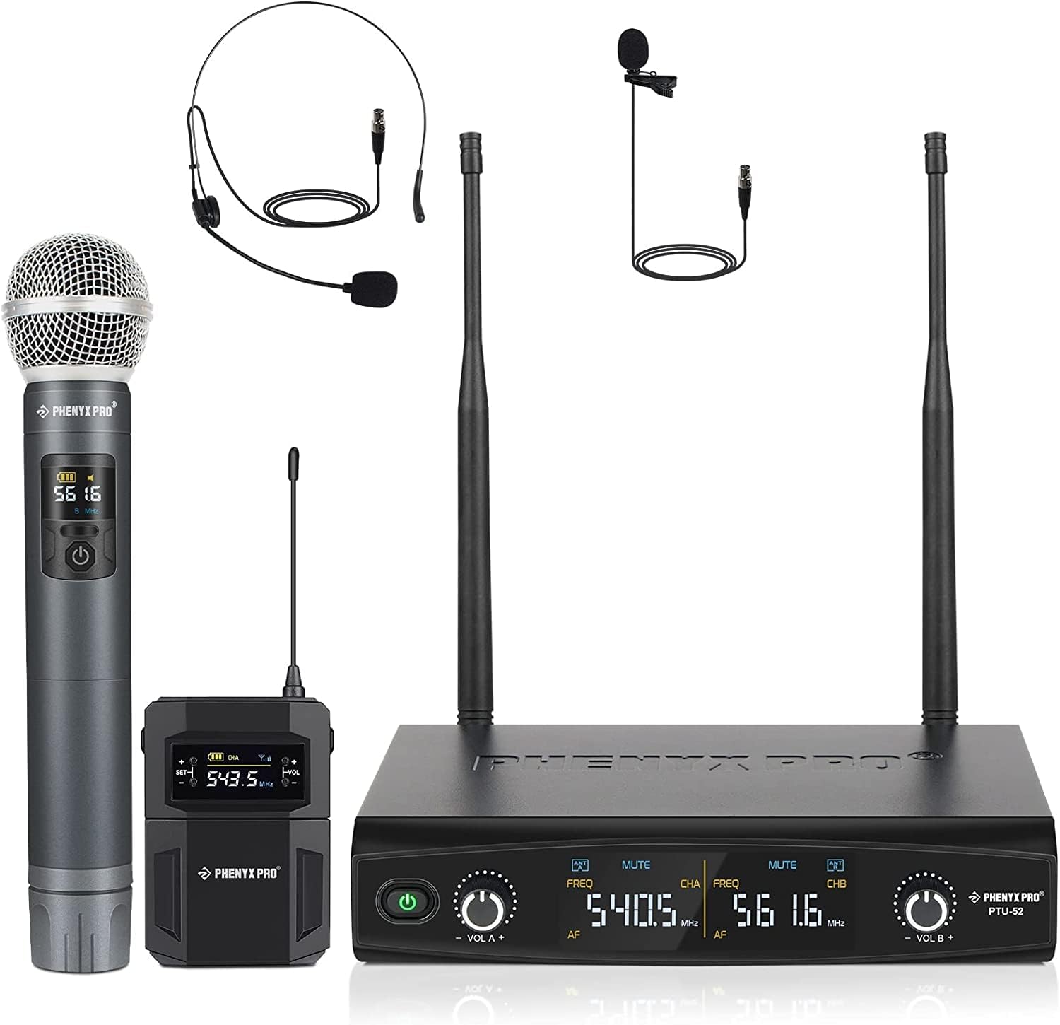 Phenyx Pro Wireless Microphone System, Metal Wireless Mic Set with Handheld Microphone/Bodypack/Headset/Lapel Mics, 2 x 30 UHF Frequencies, Cordless Mic for Singing, Karaoke, Church, DJ (PTU-52B)-0