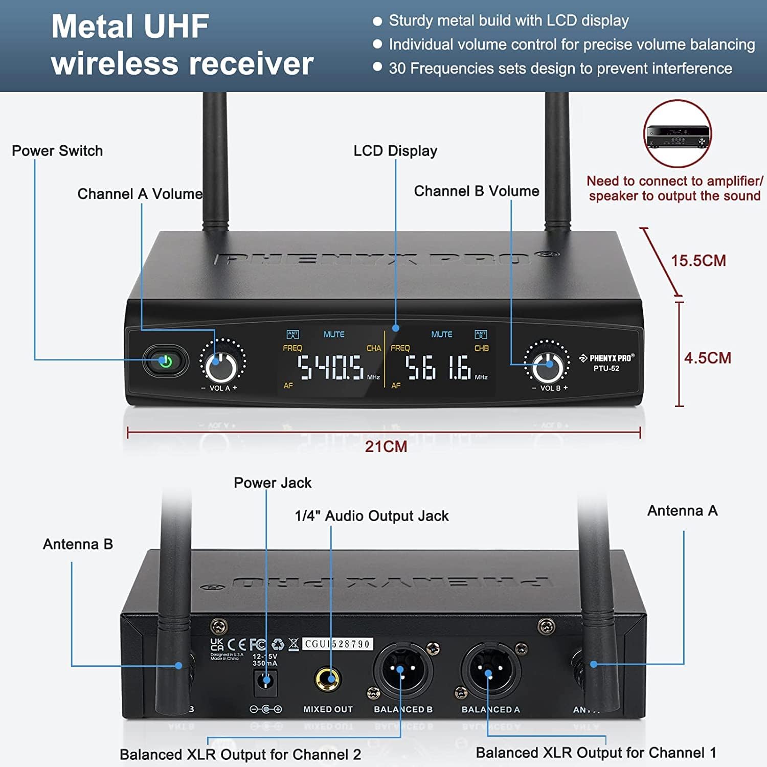 Phenyx Pro Wireless Microphone System, Metal Wireless Mic Set with Handheld Microphone/Bodypack/Headset/Lapel Mics, 2 x 30 UHF Frequencies, Cordless Mic for Singing, Karaoke, Church, DJ (PTU-52B)-1