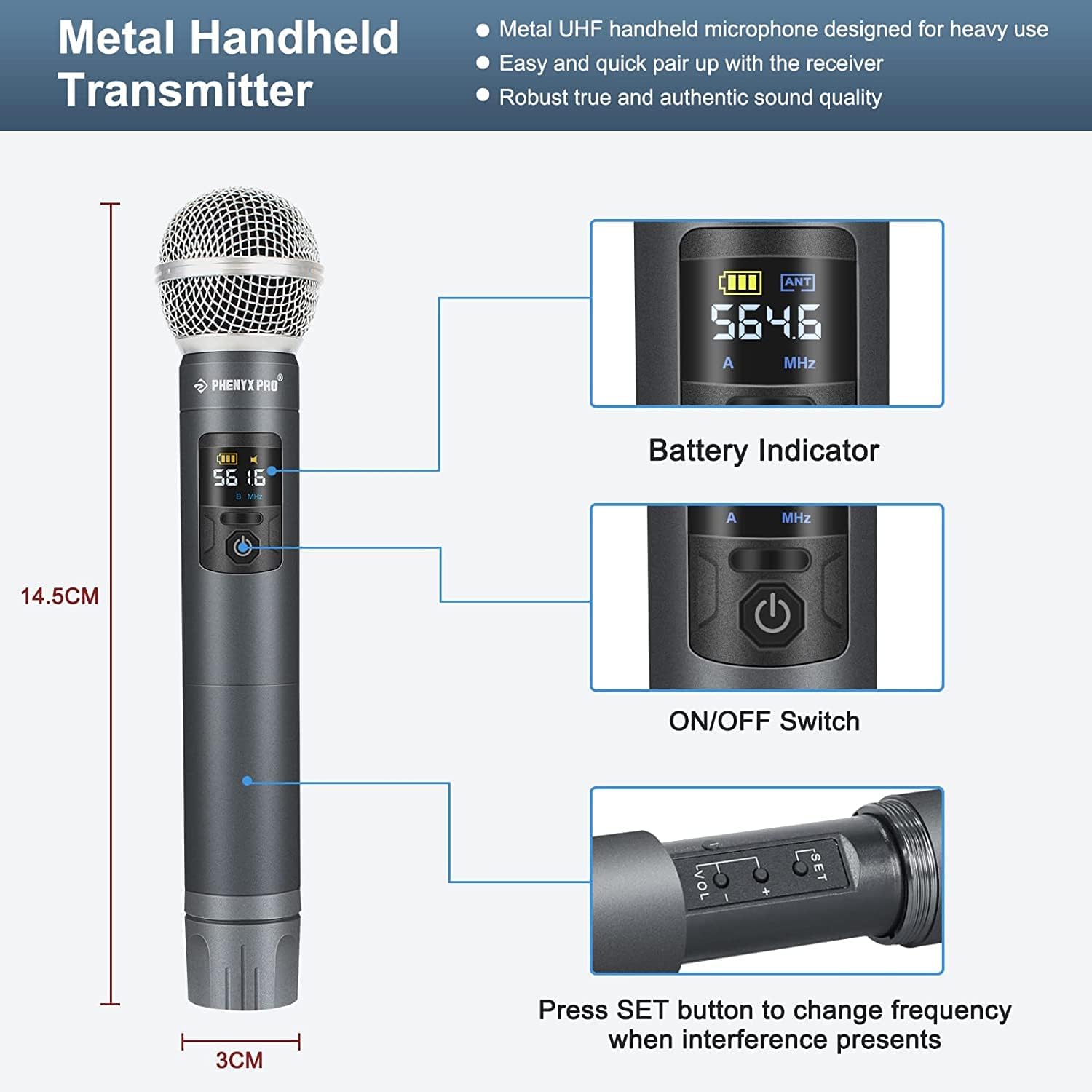 Phenyx Pro Wireless Microphone System, Metal Wireless Mic Set with Handheld Microphone/Bodypack/Headset/Lapel Mics, 2 x 30 UHF Frequencies, Cordless Mic for Singing, Karaoke, Church, DJ (PTU-52B)-2