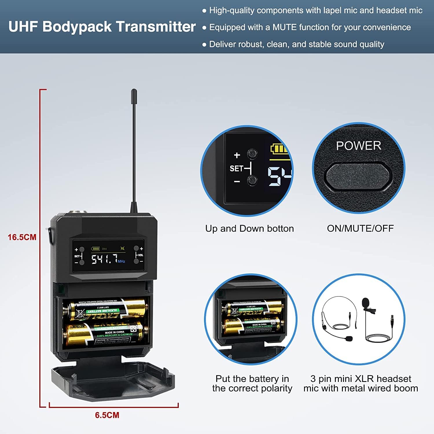 Phenyx Pro Wireless Microphone System, Metal Wireless Mic Set with Handheld Microphone/Bodypack/Headset/Lapel Mics, 2 x 30 UHF Frequencies, Cordless Mic for Singing, Karaoke, Church, DJ (PTU-52B)-3