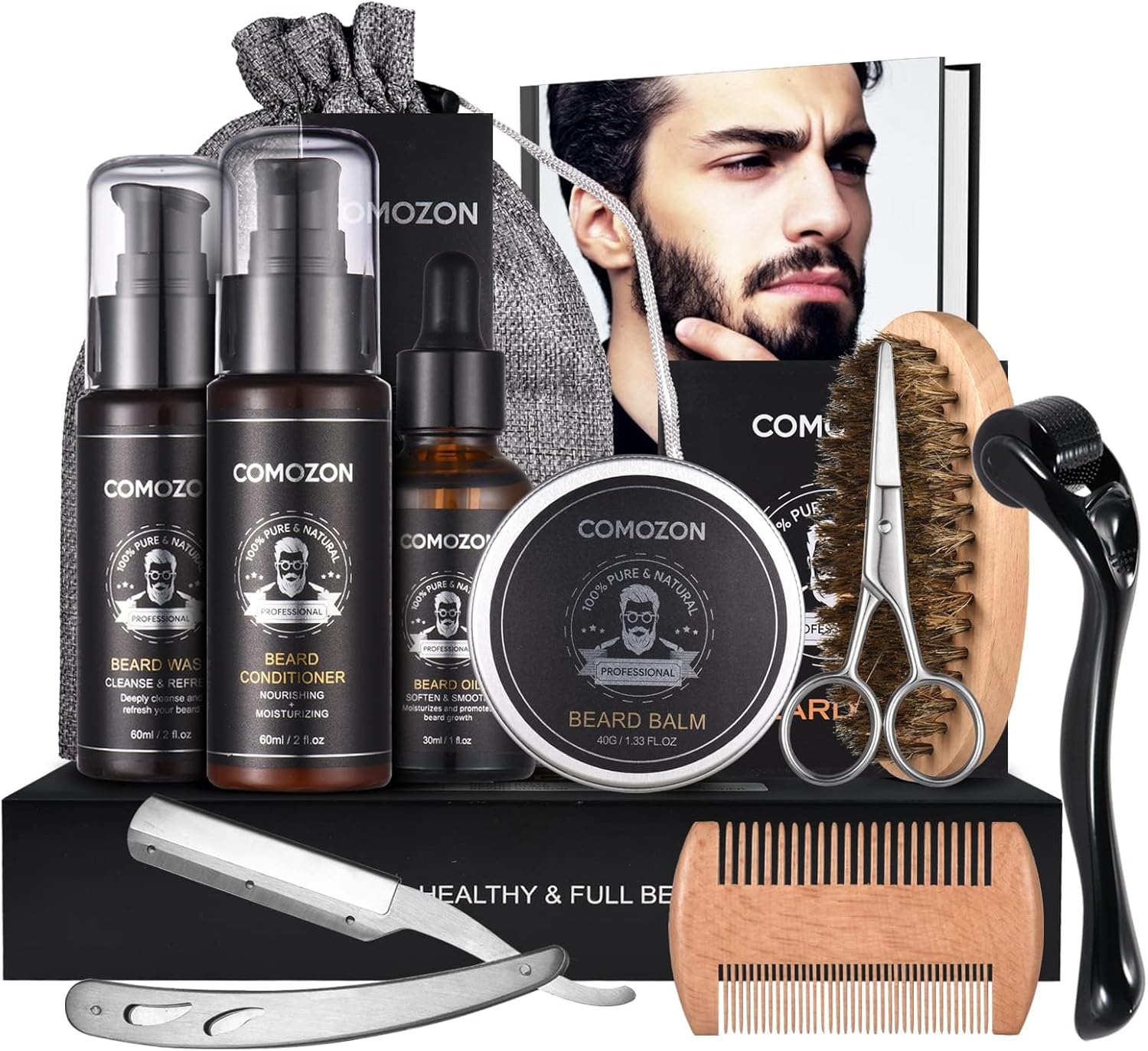 Beard Grooming Kit for Men, 12 in 1 Beard Growth Kit with Beard Roller, Beard Set with Beard Oil, Beard Shampoo, Beard Conditioner, Beard Brush, Beard Balm, Beard Comb, Scissors, Gifts for Him-0