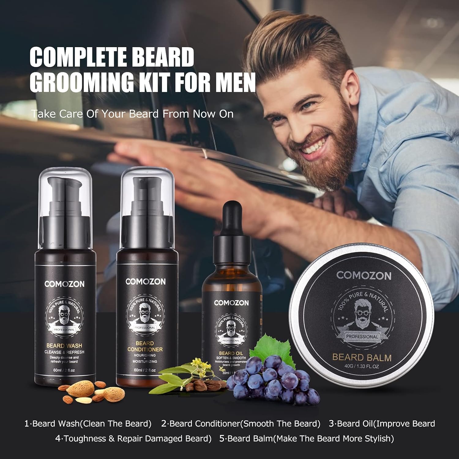 Beard Grooming Kit for Men, 12 in 1 Beard Growth Kit with Beard Roller, Beard Set with Beard Oil, Beard Shampoo, Beard Conditioner, Beard Brush, Beard Balm, Beard Comb, Scissors, Gifts for Him-2