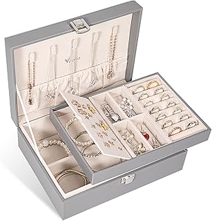 Voova Jewellery Box Organiser for Women Girls, 2 Layers Large Jewelry Storage Case, PU Leather jewlerrying Display Holder with Removable Tray for Necklace Earrings Rings Bracelets, Grey