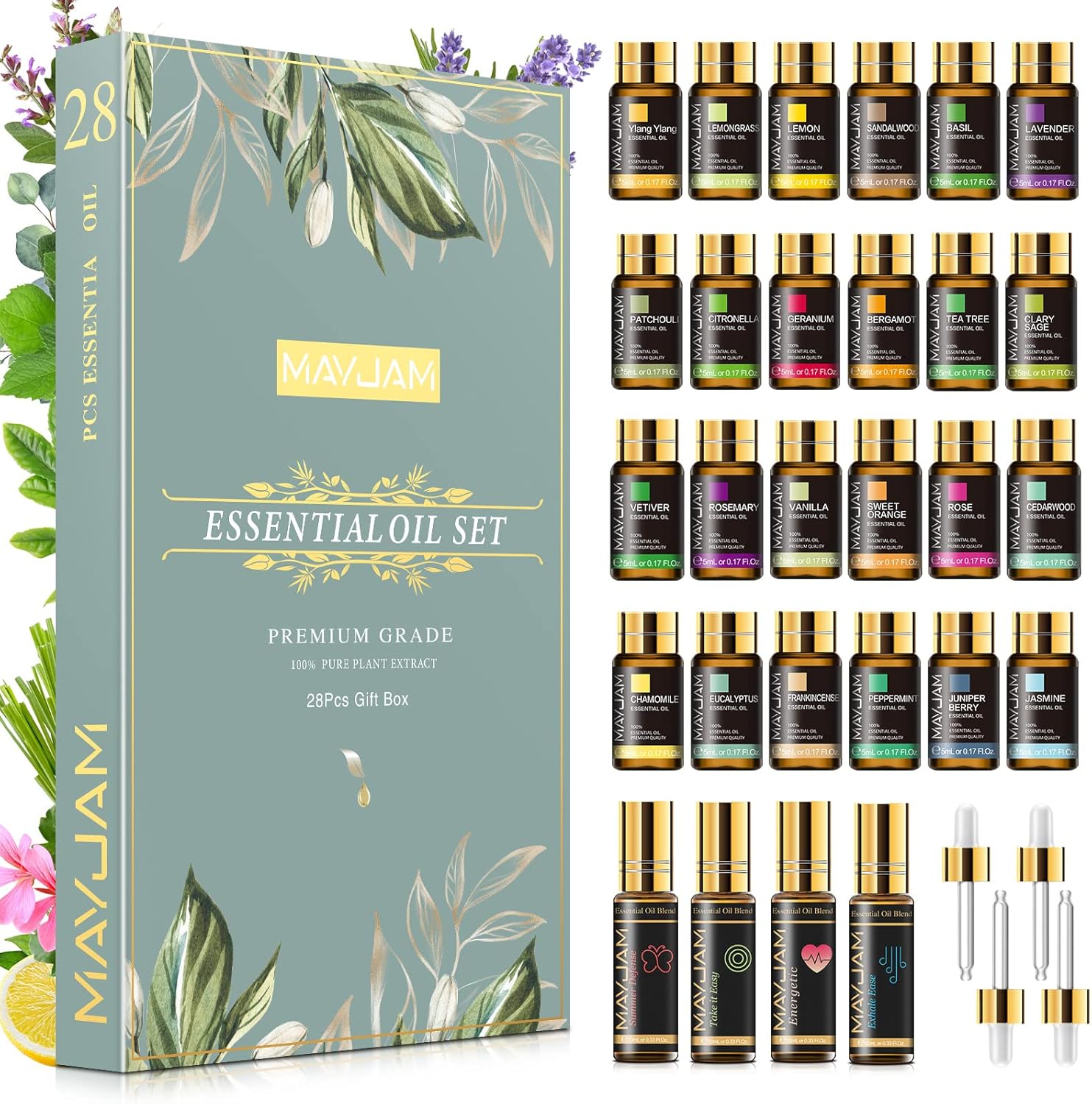 MAYJAM Essential Oils Set 28 - Essential Oils Gift Set for Humidifier, Diffusers, DIY, Home, 24 Single Essential Oil + 4 Blends Essential Oil-0