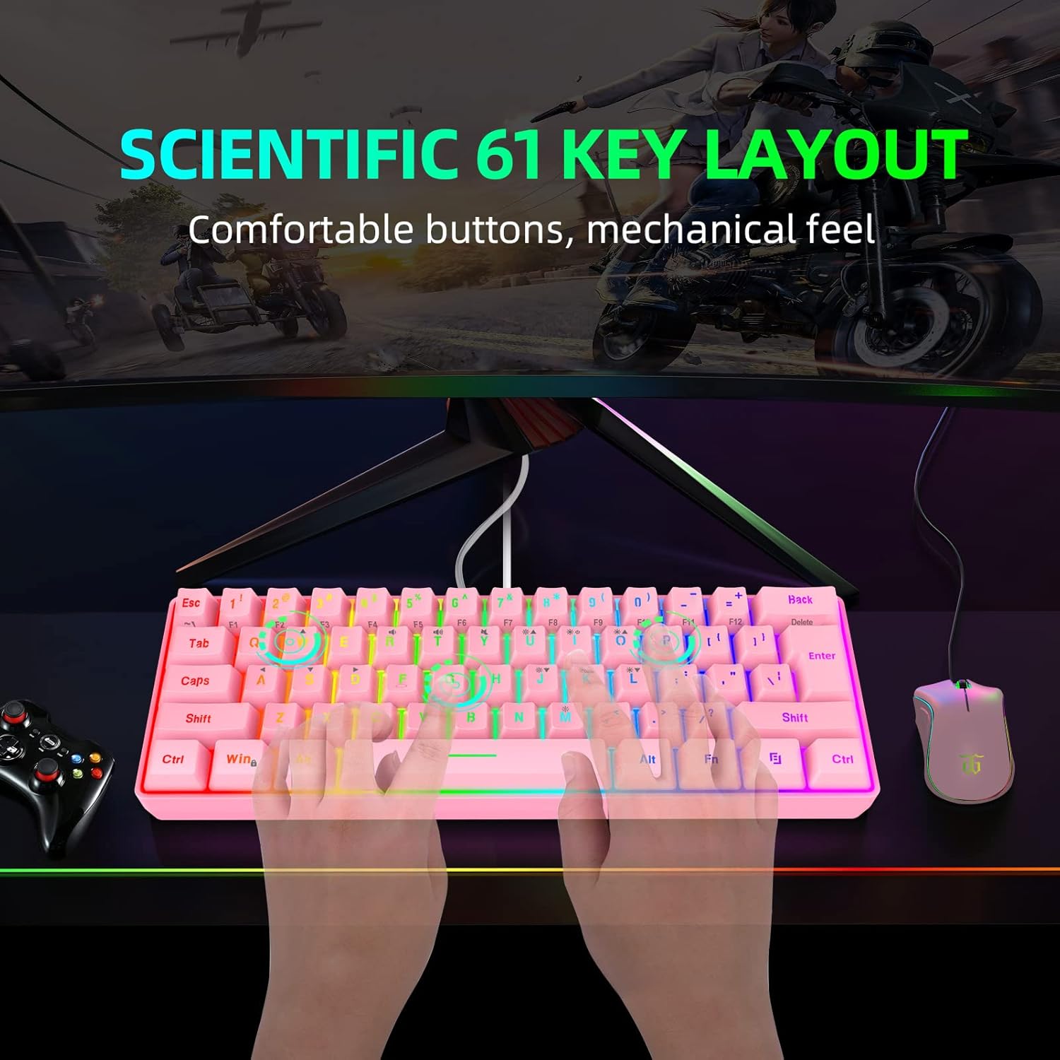 Snpurdiri 60% Wired Gaming Keyboard, True RGB Backlit Ultra-Compact Mini Keyboard, Waterproof Keyboard with 61 Keys for PC/Mac Gamers, Typists, Business Trip, Easy to Carry, Pink (QWERTY Layout)-2