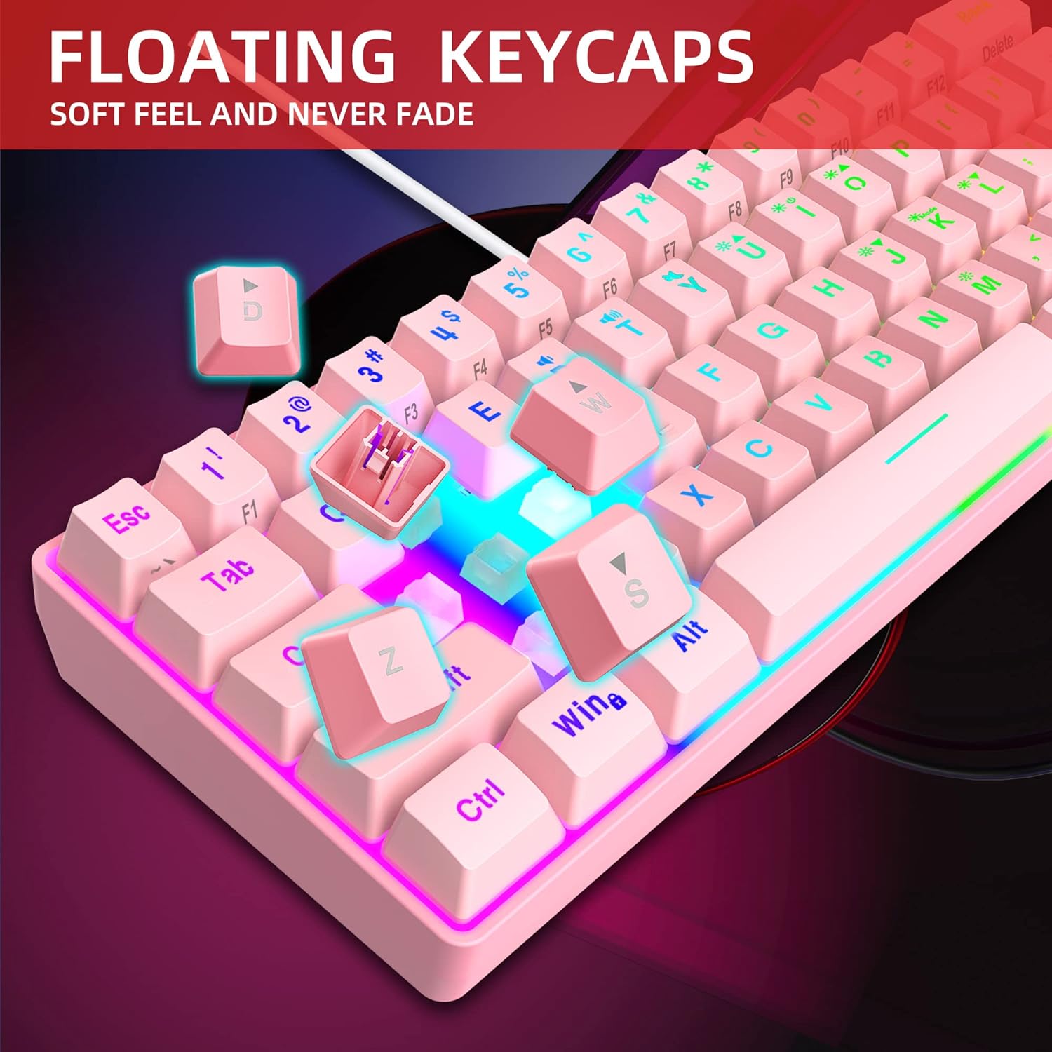 Snpurdiri 60% Wired Gaming Keyboard, True RGB Backlit Ultra-Compact Mini Keyboard, Waterproof Keyboard with 61 Keys for PC/Mac Gamers, Typists, Business Trip, Easy to Carry, Pink (QWERTY Layout)-4