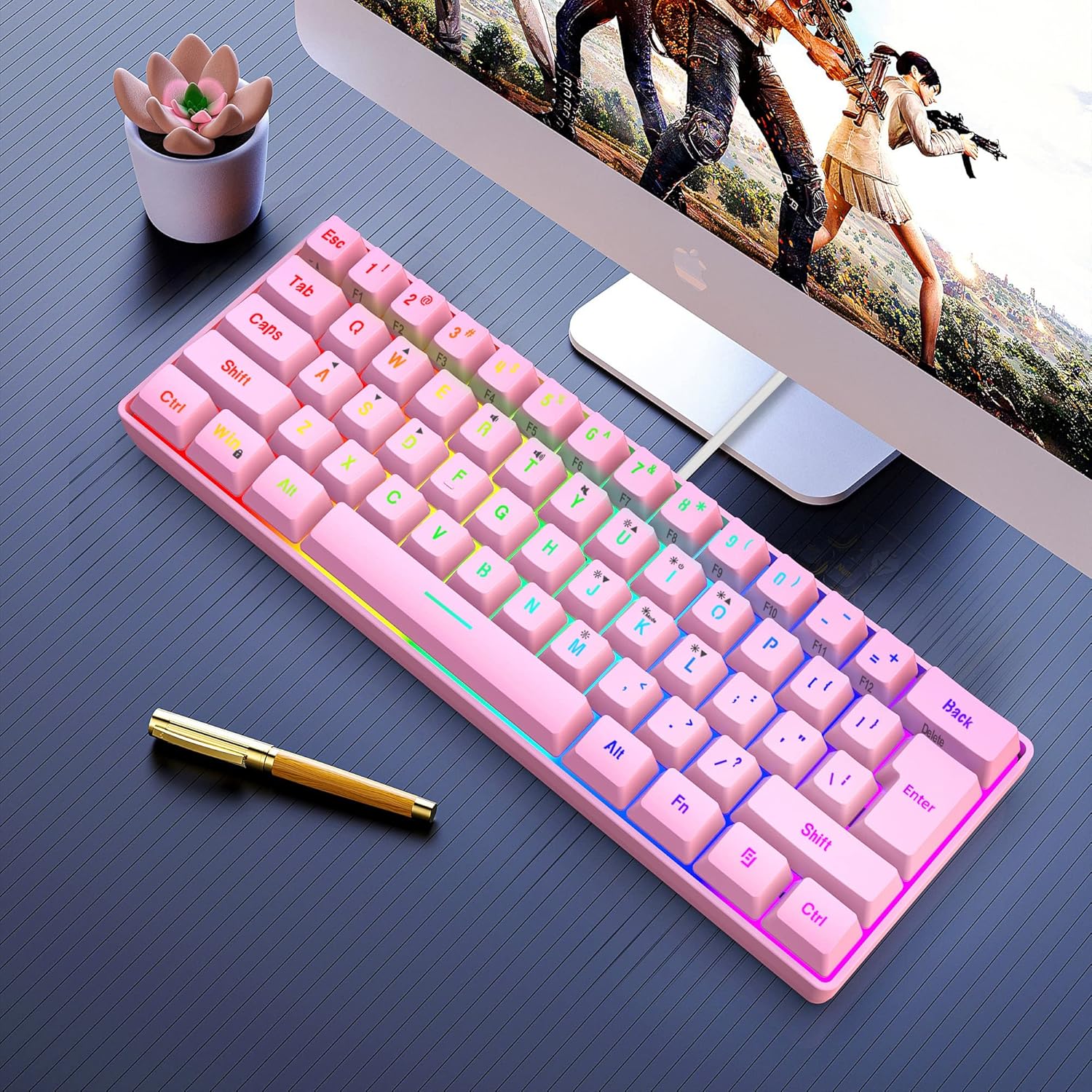 Snpurdiri 60% Wired Gaming Keyboard, True RGB Backlit Ultra-Compact Mini Keyboard, Waterproof Keyboard with 61 Keys for PC/Mac Gamers, Typists, Business Trip, Easy to Carry, Pink (QWERTY Layout)-5