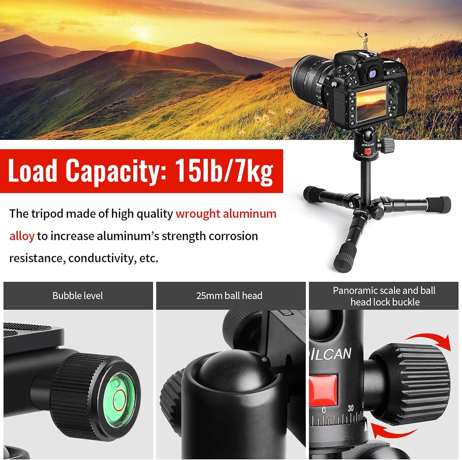 JOILCAN Mini Tripod 20", Aluminum Alloy Portable Desktop Camera Tripod with 1/4" Quick Release Plate, Detachable 360° Ball Head Tabletop Tripod with Phone Holder for DSLR Camera - Max Load 12lbs/5.5kg-1