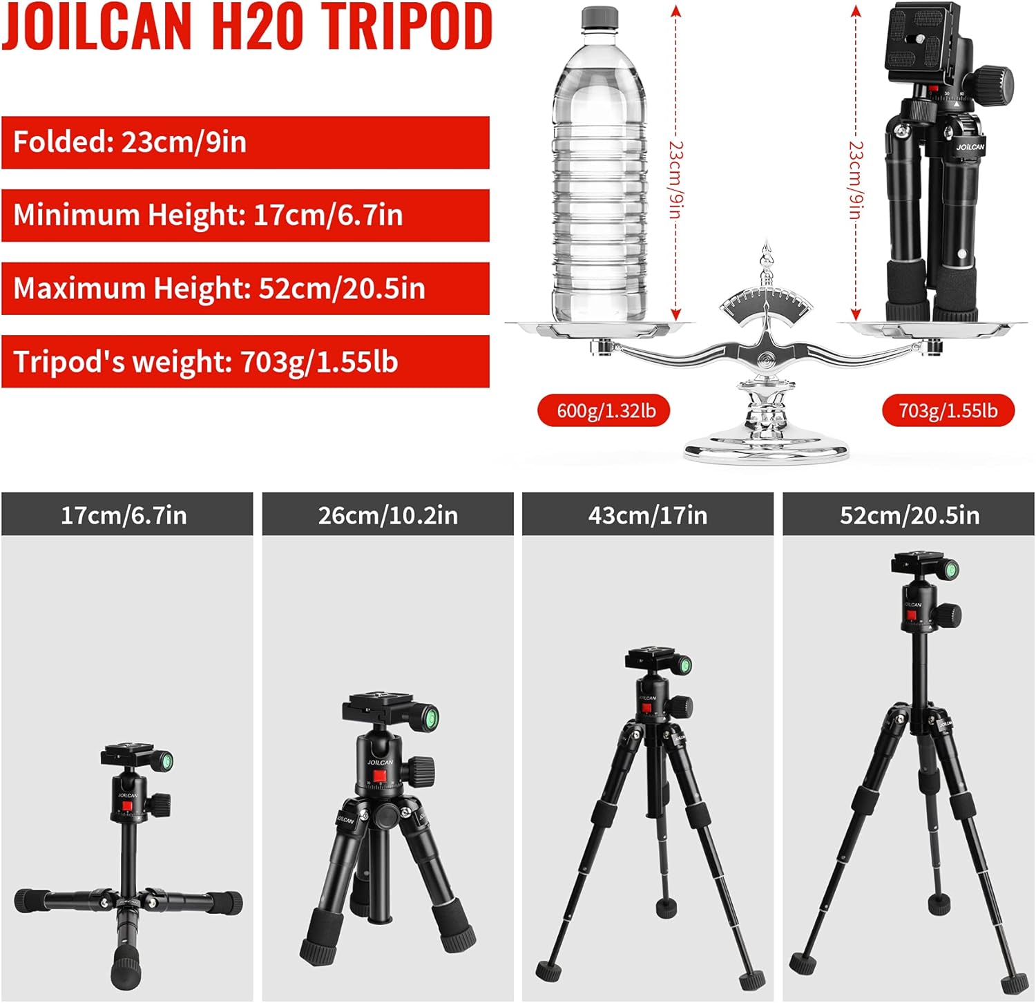 JOILCAN Mini Tripod 20", Aluminum Alloy Portable Desktop Camera Tripod with 1/4" Quick Release Plate, Detachable 360° Ball Head Tabletop Tripod with Phone Holder for DSLR Camera - Max Load 12lbs/5.5kg-3