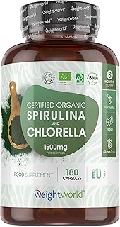 Organic Spirulina and Chlorella Capsules - 2250mg Per 3 Spirulina Chlorella Powder Capsules - 180 Vegan Superfood - Soil Association Certified Alkaline Supplement - Made in The EU