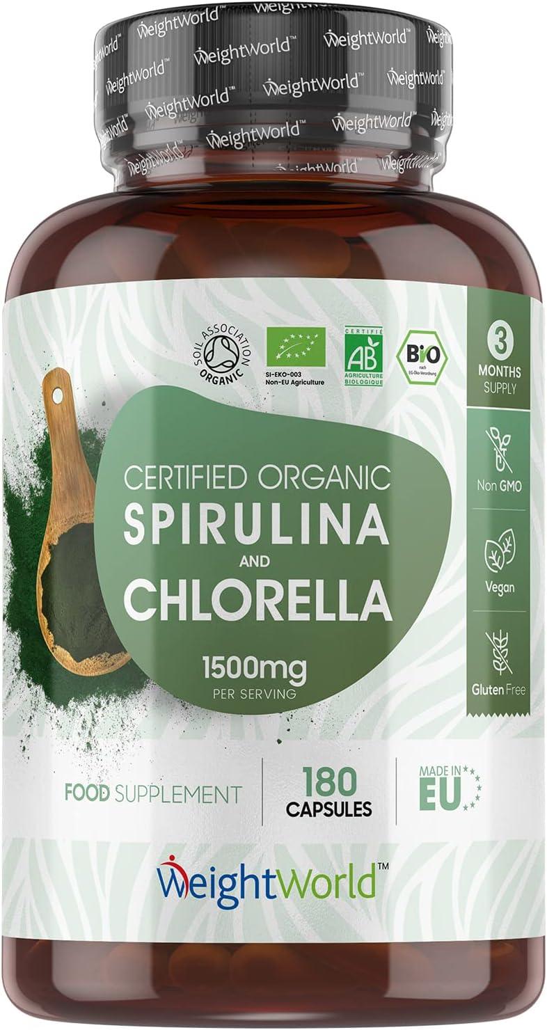 Organic Spirulina and Chlorella Capsules - 2250mg Per 3 Spirulina Chlorella Powder Capsules - 180 Vegan Superfood - Soil Association Certified Alkaline Supplement - Made in The EU-0