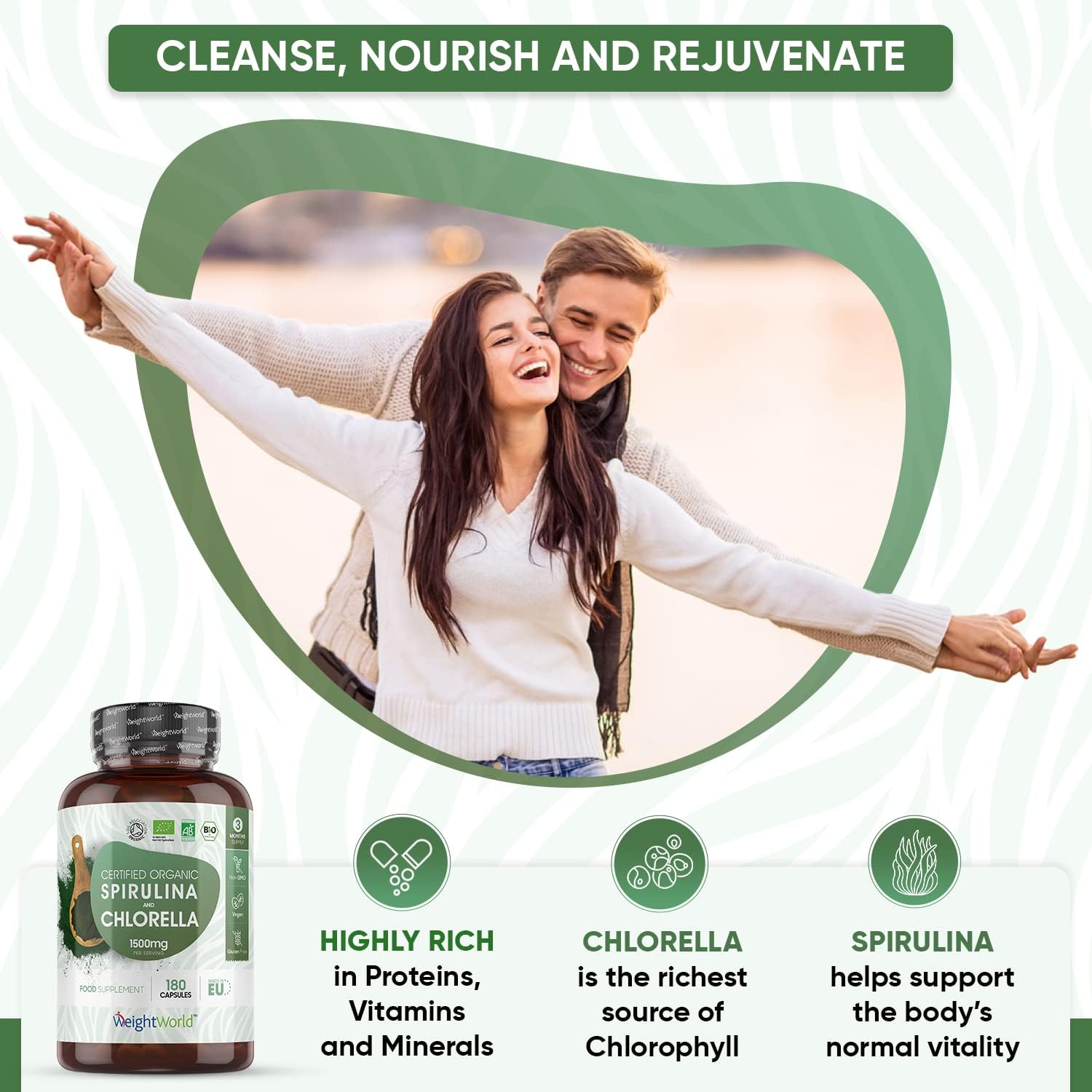 Organic Spirulina and Chlorella Capsules - 2250mg Per 3 Spirulina Chlorella Powder Capsules - 180 Vegan Superfood - Soil Association Certified Alkaline Supplement - Made in The EU-1