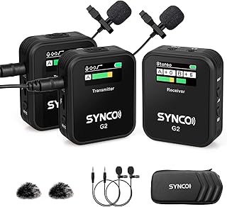 SYNCO Wireless Lavalier Microphone, G2(A2) 2.4G Clip On Lapel Mic System with TFT Display for Smartphone Tablet Camera DSLR Youtube Live Streaming Vlogging, Wireless-Lavalier-Microphone G2