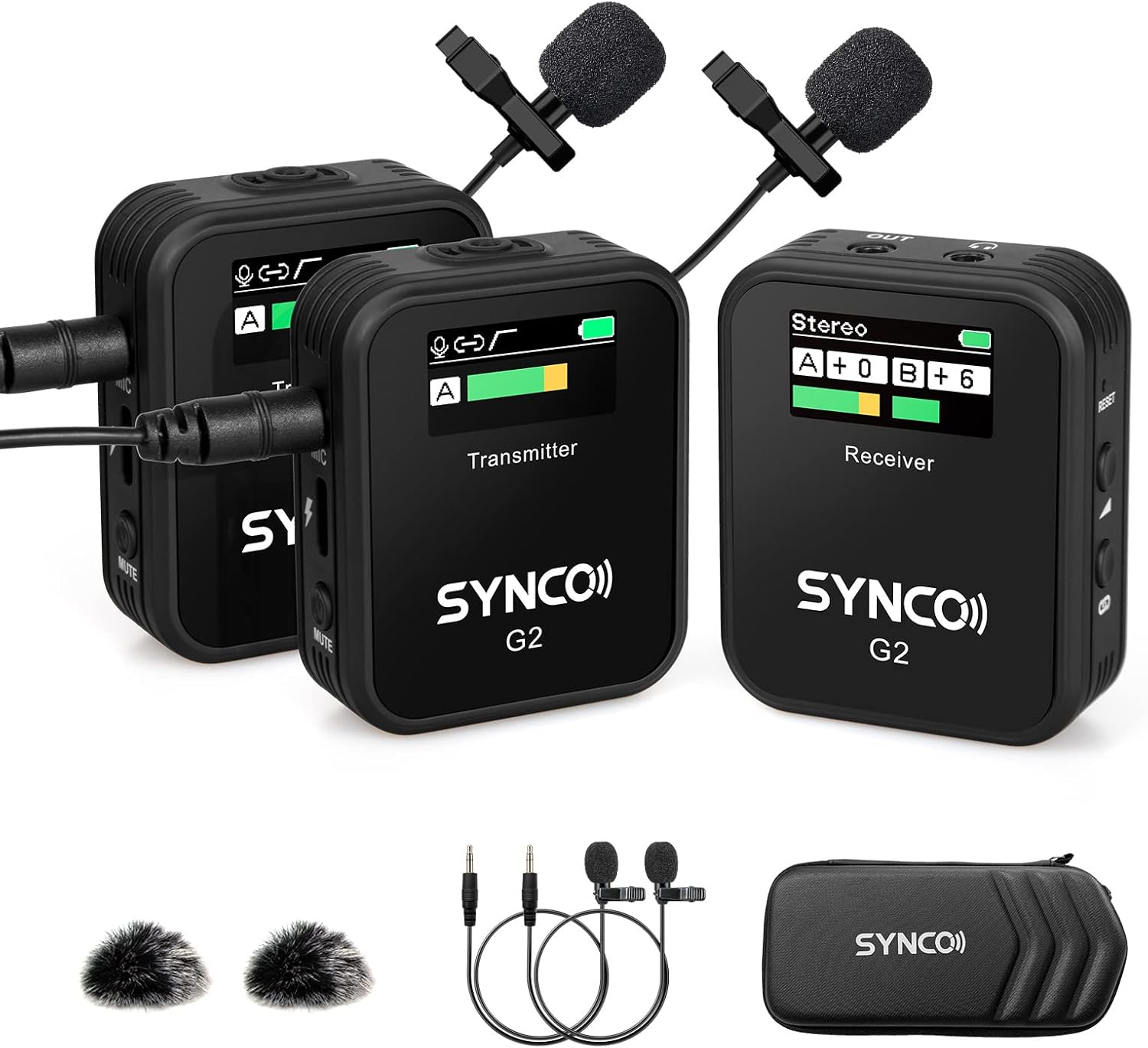 SYNCO Wireless Lavalier Microphone, G2(A2) 2.4G Clip On Lapel Mic System with TFT Display for Smartphone Tablet Camera DSLR Youtube Live Streaming Vlogging, Wireless-Lavalier-Microphone G2-0