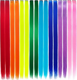 16 PCS Colored Clip in Hair Extensions, Colorful Party Highlights Hair Synthetic Hairpieces Rainbow Hair Accessories for Women Girls, 8 Colors (Straight)