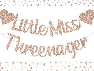 JOYMEMO Rose Gold Glitter Little Miss Threenager Banner Garland for Baby Girls Third Birthday Decorations 3 Year Old 3rd Birthday Party Supplies