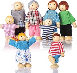 Jzszera Dolls House People Family of 8 Wooden Figure Set, Small Wooden Dolls Toys for Children Girls